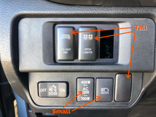 Load image into Gallery viewer, Installed comparison showing sizing differences between small vs tall switches - Cali Raised LED
